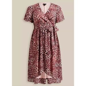 NEW Torrid Wrap Dress Plus Sz 2X Pink Leopard Midi Chiffon Flutter Sleeve Hi Low